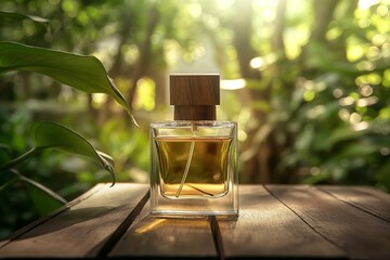 Perfume Bottles Mockup with Wooden Caps in Lush Green Forest Setting