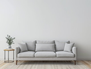 Minimalist living room interiors composition with a tv set, a sofa and a window providing natural lighting. Luxury Real Estate composition.