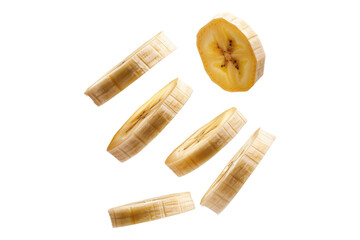 Flying banana slices isolated on transparent background