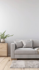 Minimalist living room interiors composition with a tv set, a sofa and a window providing natural lighting. Luxury Real Estate composition.