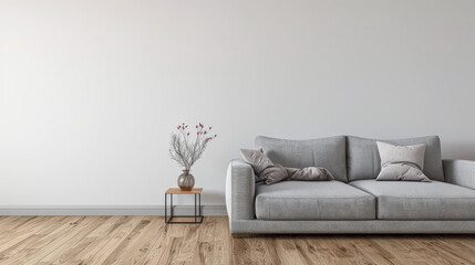 Minimalist living room interiors composition with a tv set, a sofa and a window providing natural lighting. Luxury Real Estate composition.