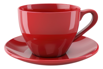 Empty red cup with saucer isolated on transparent background