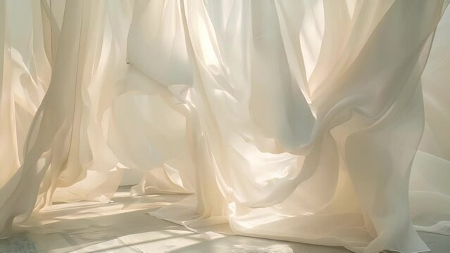 A mix of and opaque fabric pieces creating a play of light and shadow and adding depth to the installation.
