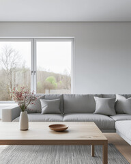 Minimalist living room interiors composition with a dinning table next to a window, no people and minimal furniture. Luxury Real Estate composition.