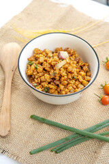 Orek tempe or Sauteed Tempeh is a typical Indonesian cuisine with herbs, garlic, onion, chilli and soy sauce. It tastes delicious.