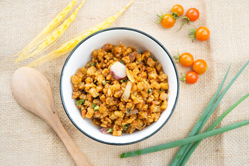 Orek tempe or Sauteed Tempeh is a typical Indonesian cuisine with herbs, garlic, onion, chilli and soy sauce. It tastes delicious.