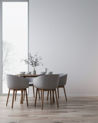 Minimalist living room interiors composition with a dinning table next to a window, no people and minimal furniture. Luxury Real Estate composition.