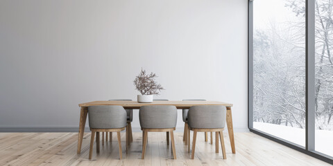 Minimalist living room interiors composition with a dinning table next to a window, no people and minimal furniture. Luxury Real Estate composition.