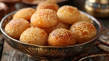A bowl of sesame-covered doughnuts.
