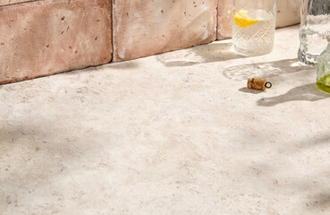 Natural Beige Textured Tabletop Still Life in Sunlight with Shadows – Authentic Lifestyle Aesthetic