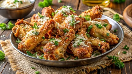 Crispy fried chicken wings smothered in a decadent garlic parmesan sauce, topped with a generous sprinkle of grated parmesan cheese flakes.
