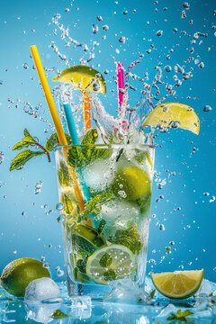 concept summer feeling  - glass with fresh lemon and limon ice cubes and water