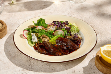Authentic Beef Cheeks with Mixed Salad and Mushrooms in Sunlit Still Life Setting