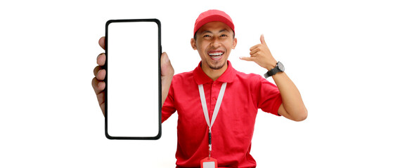 Asian delivery man or courier confidently presents a smartphone with a blank white screen to the...