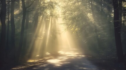 Fototapeta premium A beautiful forest scene with sunrays piercing through the trees, creating a magical and serene atmosphere