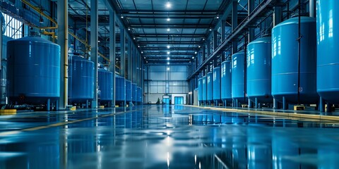 Obraz premium Industrial Facility with Large Blue Storage Tanks in a Modern Interior