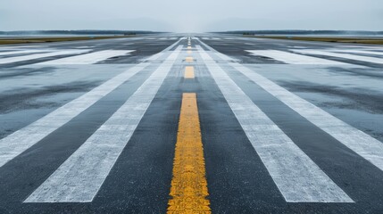 Clear runway running horizontally across, left to right, wet from rain, reflective and detailed, serene airport scene