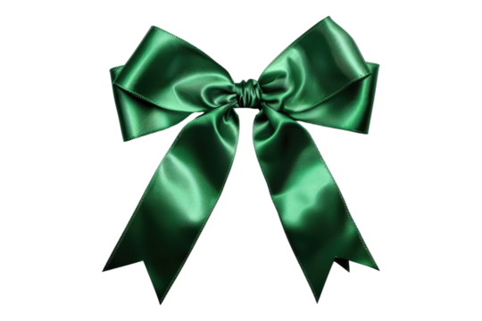 Green satin ribbon bow isolated on transparent background