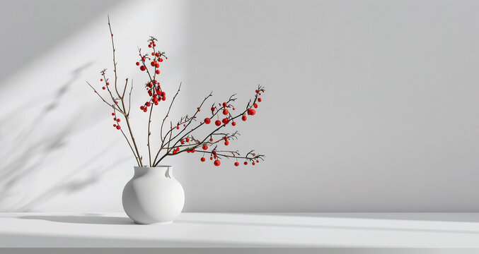 vase with red beeries on twigs in front of a white wall on a white table