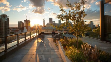 Rooftop Terrace with City Skyline and Sunset