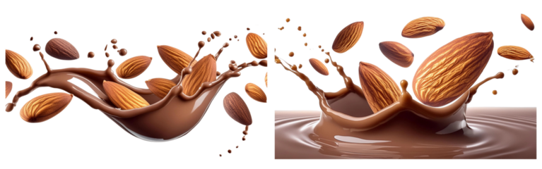 Set of almond with chocolate milk splashing isolated