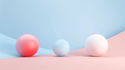Naklejka premium Abstract background with three spheres in different colors, pastel color palette, minimalistic style, 3D rendering illustration. The composition is simple and elegant, featuring smooth curves of vario