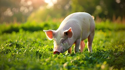 Pig on green field. 