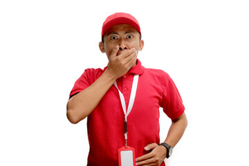 Asian delivery man is signaling for quiet by covering his mouth with his hands and shushing about a secret hack, limited special offer, free shipping, or discount. Isolated on a white background