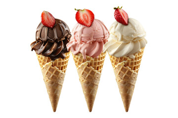 Ice cream in waffle cones isolated on transparent background