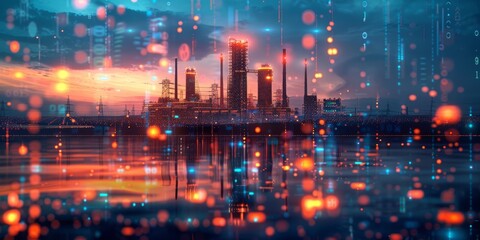 Futuristic Industrial Landscape with Digital Overlay at Sunset