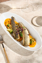 Authentic Seabass Fillet with Vegetables and Carrot Sauce Aesthetic Still Life in Natural Sunlight