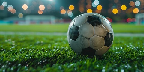 Naklejka premium Football on grass field with bokeh background under stadium lights at night