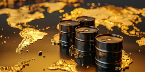 Black Oil Barrels on Illuminated World Map - Golden Energy Resources Concept