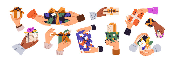 Hands with different presents set. People hold, give and get gifts for birthday, Christmas. Congratulation with exchanging of surprise giftboxes. Flat isolated vector illustrations on white background