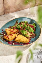 Authentic Cheese Tempura Salad with Grapes in Sunlit Still Life Setting on Beige Table