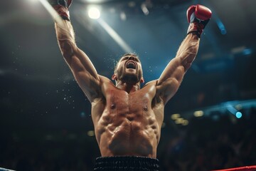 a triumphant boxer in the ring celebrating his victory