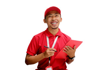 Confident Asian delivery man, courier, or warehouse worker holds a tablet, Isolated on a white background, Concepts of inventory management, logistics and delivery services.