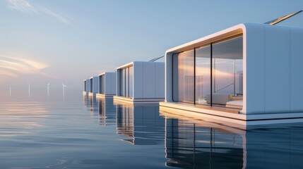 Floating buildings powered by advanced energy storage systems, integrated solar cells and windmills, futuristic and sustainable design