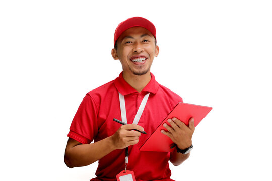 Confident Asian delivery man, courier, or warehouse worker holds a tablet, Isolated on a white background, Concepts of inventory management, logistics and delivery services.