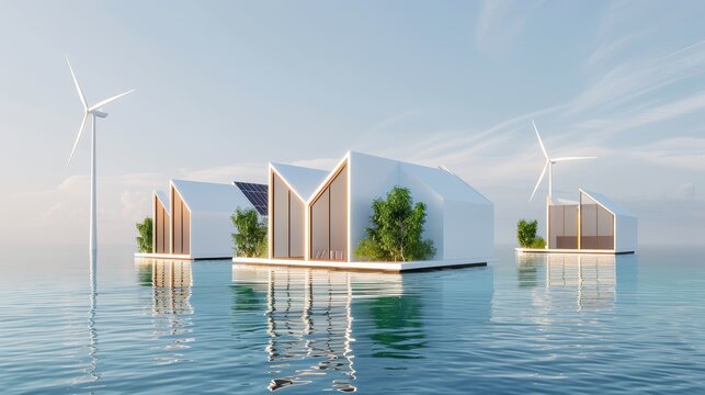 Floating buildings powered by advanced energy storage systems, integrated solar cells and windmills, futuristic and sustainable design