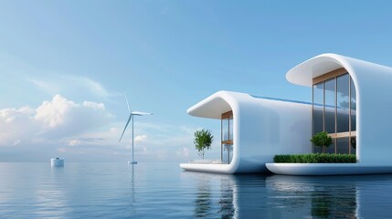 Futuristic floating buildings equipped with energy storage systems, solar cells, windmills, sustainable and innovative design