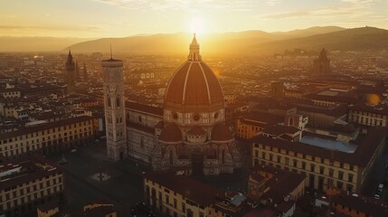 Fototapeta premium An aerial view of Florence Cathedral (Duomo di Firenze), also known as the Cathedral of Saint Mary of the Flower, during sunset golden hour in Italy.