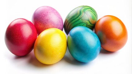 Colorful assortment of isolated Easter eggs in various hues, including yellow, pink, blue, red, and green, against a white background.