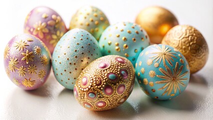 Fototapeta premium Vibrant pastel-colored Easter eggs adorned with golden speckles and intricate designs against a clean, flat, white background, perfectly arranged.
