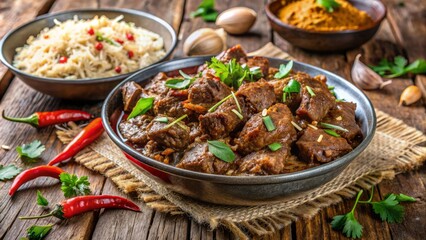 Exquisite Malaysian-style beef rendang dish garnished with fresh herbs and toasted coconut flakes on a rustic wooden background surface.