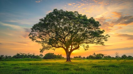 Fototapeta premium A majestic tree with lush green leaves standing in a grassy field under a sunset sky with clouds in the background.