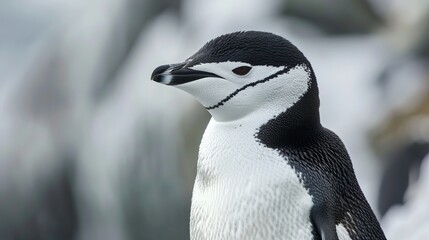 Obraz premium A solitary chinstrap penguin, captured in a close-up view, showcases its distinctive black and white plumage against a backdrop of icy terrain.