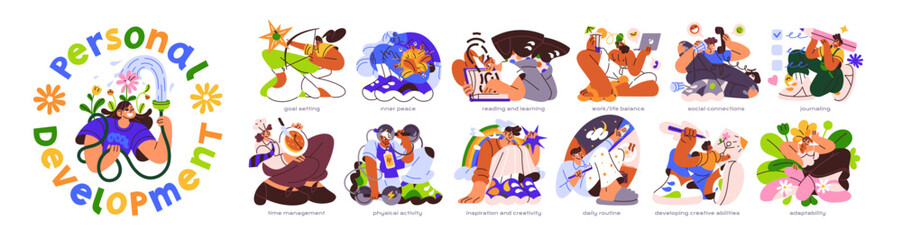 Personal development set. Growth of social skills, creative abilities. Improvement of mental health, life balance. Self learning, awareness. Flat isolated vector illustration on white background