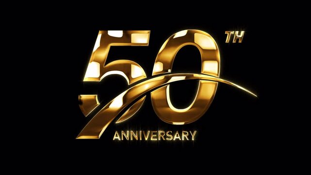 50th Golden Anniversary Celebration with Swoosh. Happy 50 Years Anniversary Animation in Gold Color on the Transparent Background, Alpha Channel. Great for greetings, celebrations, events, and gifts.