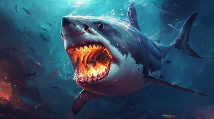 Obraz premium A dangerous shark wallpaper for a desktop could depict a striking image of a shark swimming through deep ocean waters, its powerful silhouette contrasting against the blue hues of the sea.